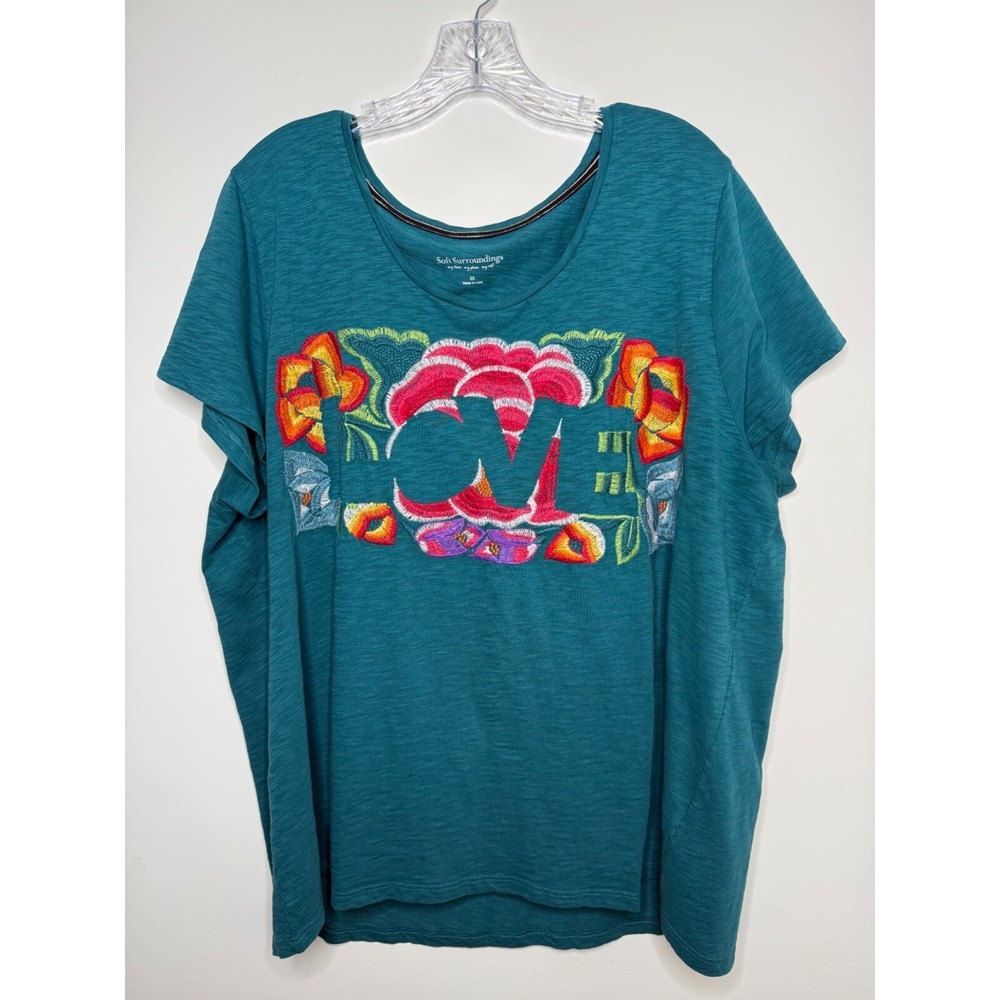 Soft Surroundings Teal Short Sleeve Tee with Colorful Embroidery